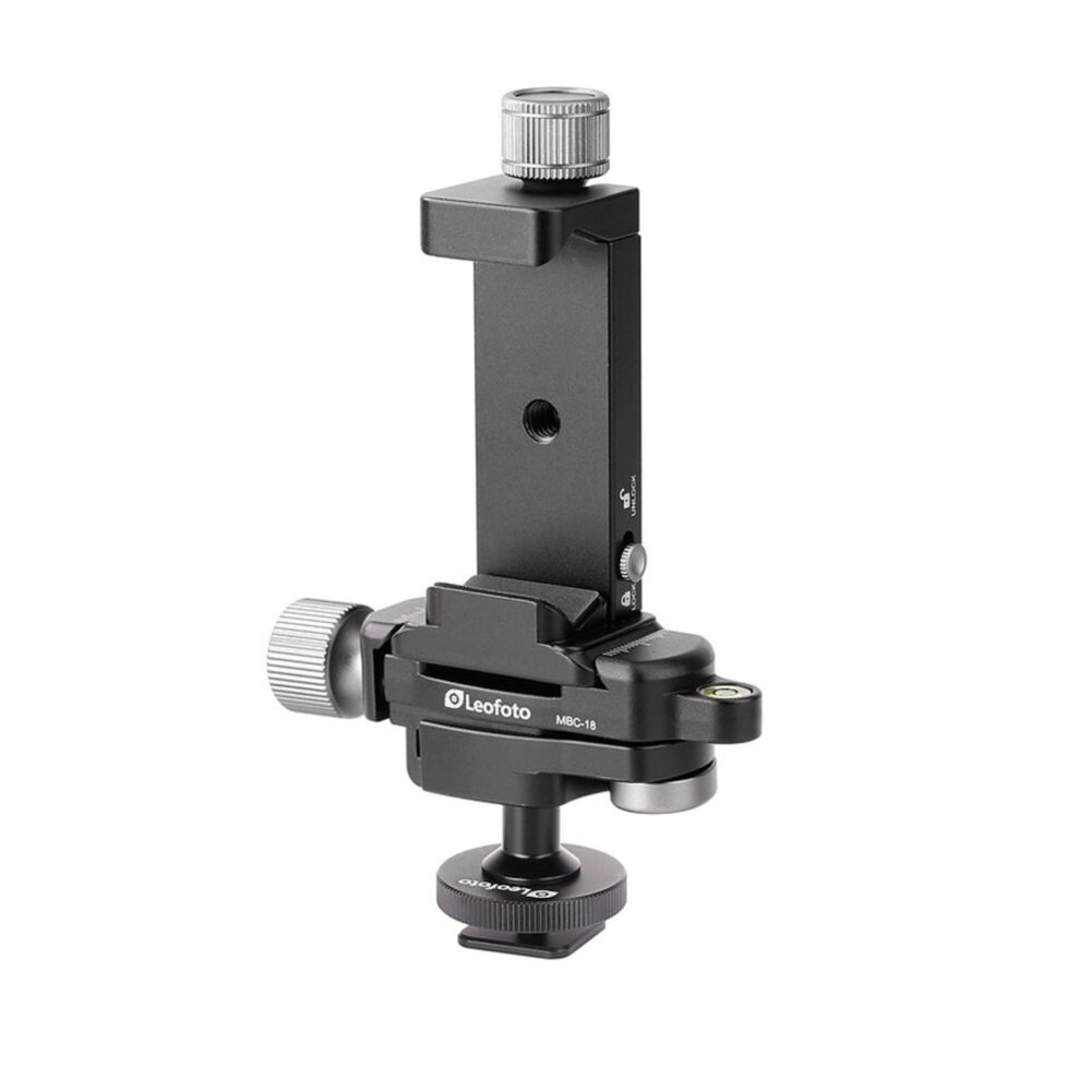 Leofoto FA-01 + MBC-18 + PC-90II houder complete zwarte set met mini kogelkop, Arca-Swiss-koppeling en verticale smartphoneklem.