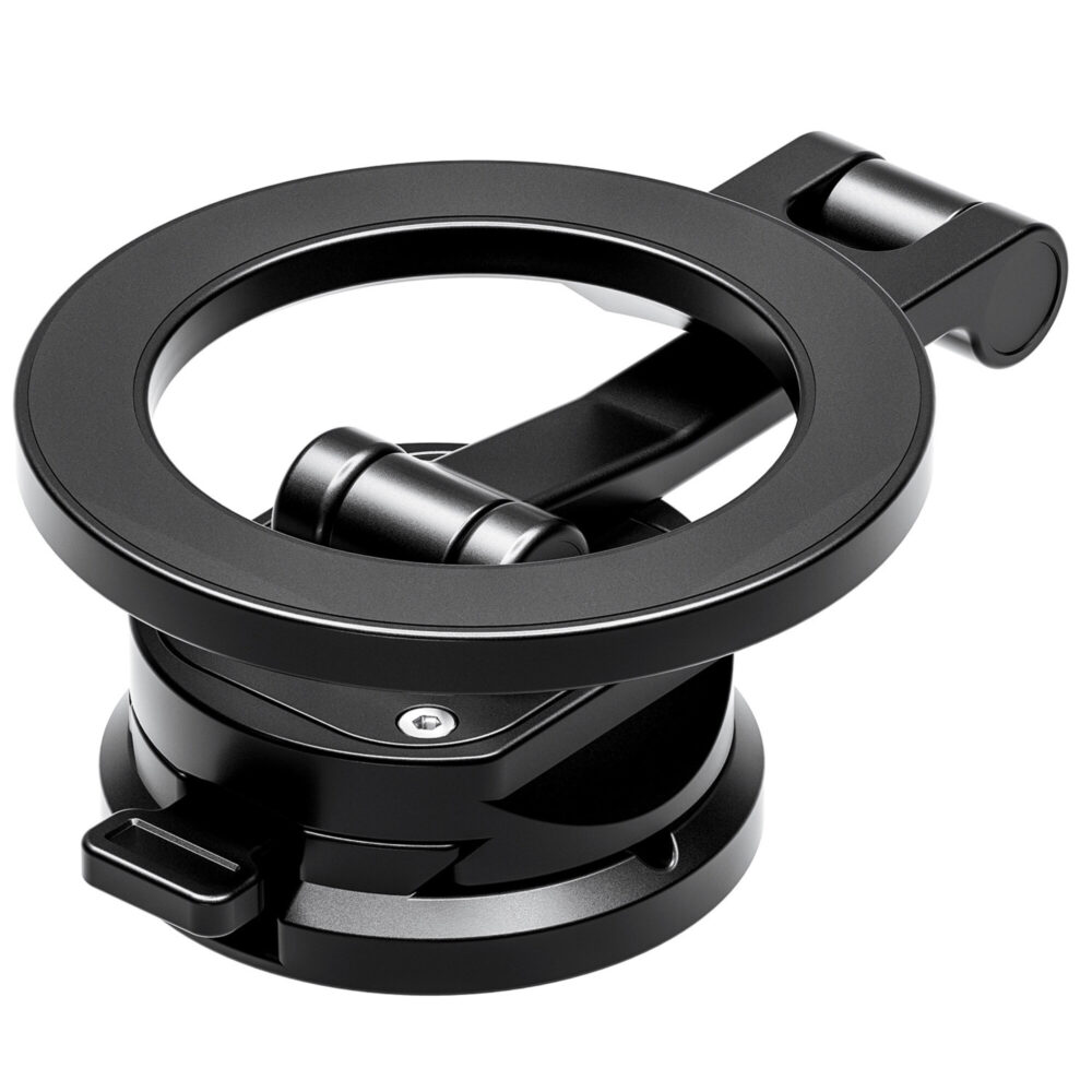 Leofoto PM-02 houder zwarte ronde magnetische basis met scharnierende arm en Arca-Swiss-voet voor montage van een smartphone.