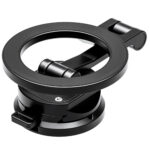Leofoto PM-02 houder zwarte ronde magnetische basis met scharnierende arm en Arca-Swiss-voet voor montage van een smartphone.