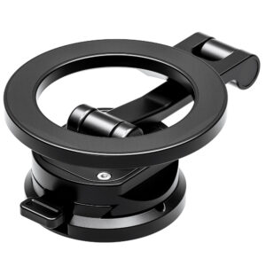 Leofoto PM-02 houder zwarte ronde magnetische basis met scharnierende arm en Arca-Swiss-voet voor montage van een smartphone.