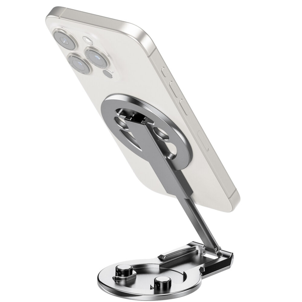 Leofoto PM-05 smartphonehouder mistig grijs magnetisch bevestigd aan de achterkant van een smartphone met uitgeklapte arm.