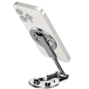 Leofoto PM-05 smartphonehouder mistig grijs magnetisch bevestigd aan de achterkant van een smartphone met uitgeklapte arm.