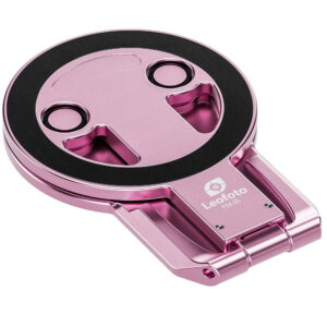 Leofoto PM-05 smartphonehouder roze close-up van opgevouwen magnetische houder met zichtbare openingen en Arca-Swiss-voet.