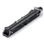 Leofoto PC-20 smartphonehouder zwart opgevouwen met Arca-Swiss-voet en 1/4"-schroef met ring aan het uiteinde.