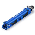 Leofoto PC-20 smartphonehouder blauw compact opgevouwen met Arca-Swiss-voet en 1/4"-schroef met ring aan het uiteinde.