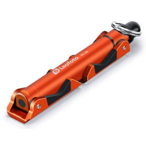 Leofoto PC-20 smartphonehouder oranje compact opgevouwen met Arca-Swiss-voet en 1/4"-schroef met ring aan het uiteinde.