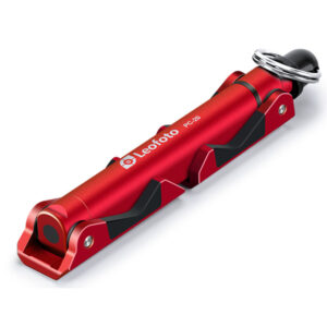 Leofoto PC-20 smartphonehouder rood compact opgevouwen met Arca-Swiss-voet en 1/4"-schroef met ring aan het uiteinde.