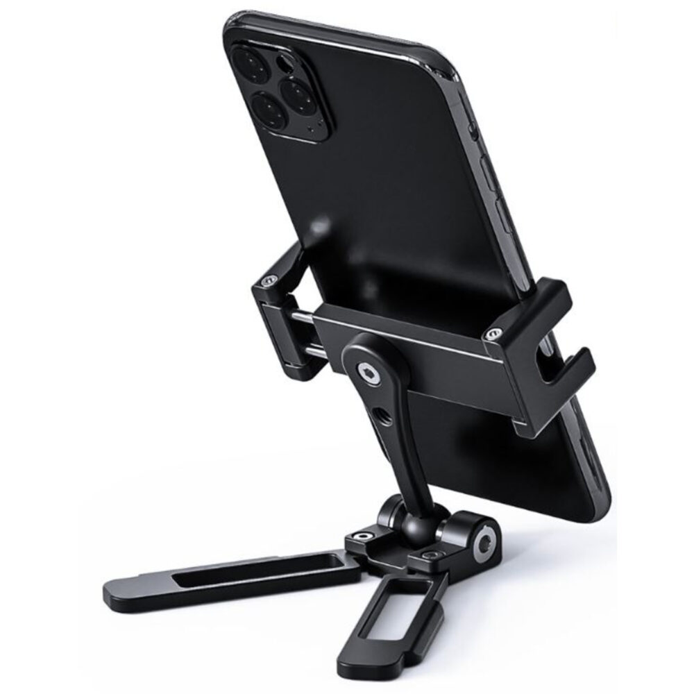 Leofoto PC-3 smartphone houder zwart gebruikt als tafelstatief met horizontaal geplaatste smartphone op uitklapbare poten.