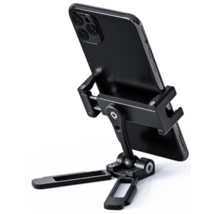 Leofoto PC-3 smartphone houder zwart gebruikt als tafelstatief met horizontaal geplaatste smartphone op uitklapbare poten.