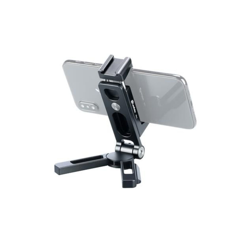 Leofoto PS-2 smartphoneklem houder gebruikt als zwart tafelstatief met horizontaal geklemde smartphone.