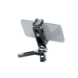 Leofoto PS-2 smartphoneklem houder gebruikt als zwart tafelstatief met horizontaal geklemde smartphone.