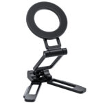 Leofoto PS-5 Smartphonehouder volledig uitgeklapt als zwart tafelstatief met magnetische ring en scharnierende arm op witte achtergrond.