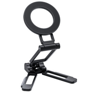 Leofoto PS-5 Smartphonehouder volledig uitgeklapt als zwart tafelstatief met magnetische ring en scharnierende arm op witte achtergrond.