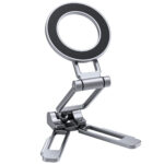 Leofoto-Mounting-Magnetic-smartphone-holder-PS-5-silver-6 Leofoto PS-5 smartphonehouder magnetische zilveren ring op volledig uitgeklapte tafelstandaard op witte achtergrond.