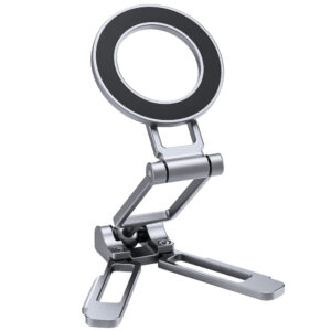 Leofoto PS-5 smartphonehouder magnetische zilveren ring op volledig uitgeklapte tafelstandaard op witte achtergrond.