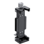 Leofoto PC-120 smartphone- & tablethouder close-up rechtop gemonteerd op statief met Arca-Swiss-voet en klemmechanisme.
