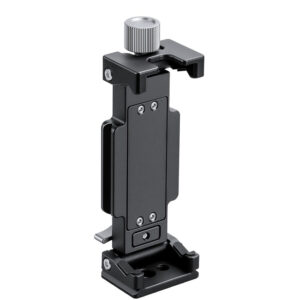 Leofoto PC-120 smartphone- & tablethouder close-up rechtop gemonteerd op statief met Arca-Swiss-voet en klemmechanisme.