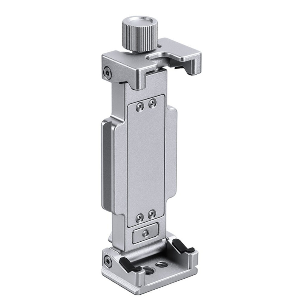 Leofoto PC-120 smartphone zilveren smartphone- en tablethouder rechtop op statiefklem met Arca-Swiss-voet en grote stelknop.