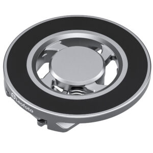 Leofoto PM-01 smartphonehouder bovenaanzicht van ronde magnetische basis met zwarte ring op witte achtergrond.