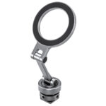 Leofoto PM-03 houder schuin vooraanzicht van zilveren magnetische ringhouder op cold-shoe-adapter.