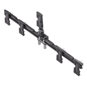 Leofoto VC-3 multi-smartphonehouder volledig gemonteerde dubbele rail met vijf smartphoneklemmen op witte achtergrond.