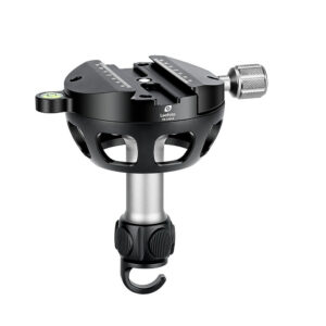 Leofoto YB-100LK nivelleerinrichting zijaanzicht met 100mm videohalfschaal, korte handgreep met haak en Arca-Swiss klem.