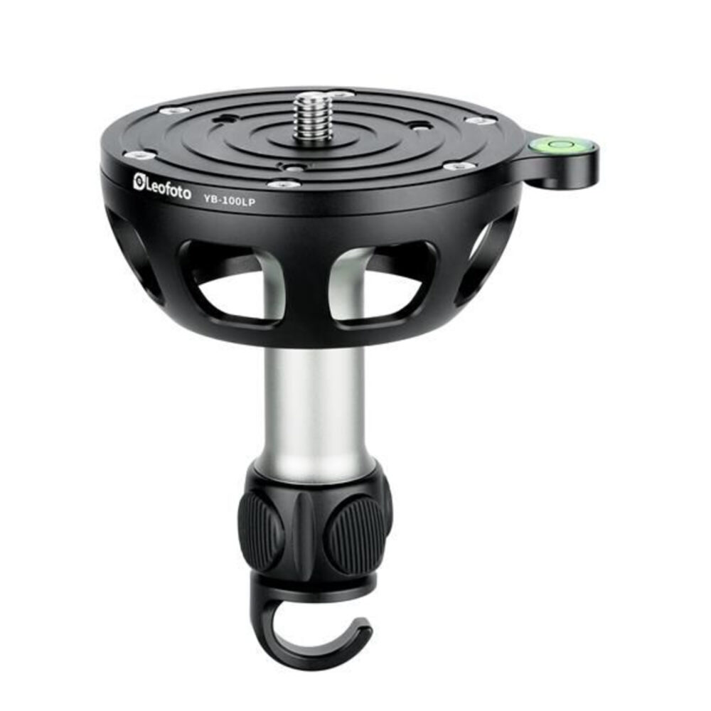 Leofoto YB-100LP nivelleerinrichting zijaanzicht met 100mm videohalfschaal, korte handgreep met haak en 3/8"-schroef.