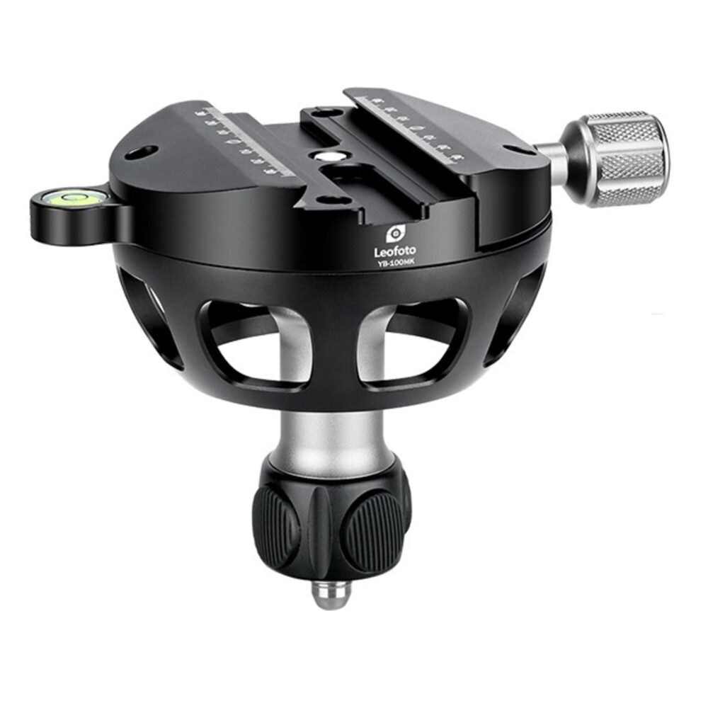 Leofoto YB-100MK nivelleerinrichting zijaanzicht met 100mm videohalfschaal, korte handgreep met schroefdraad en Arca-Swiss klem.