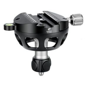 Leofoto YB-100MK nivelleerinrichting zijaanzicht met 100mm videohalfschaal, korte handgreep met schroefdraad en Arca-Swiss klem.