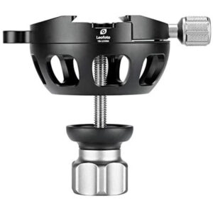 Leofoto YB-100SK nivelleerinrichting zijaanzicht met opengewerkte 100mm videohalfschaal, centrale schroef, korte handgreep en Arca-Swiss snelklem.