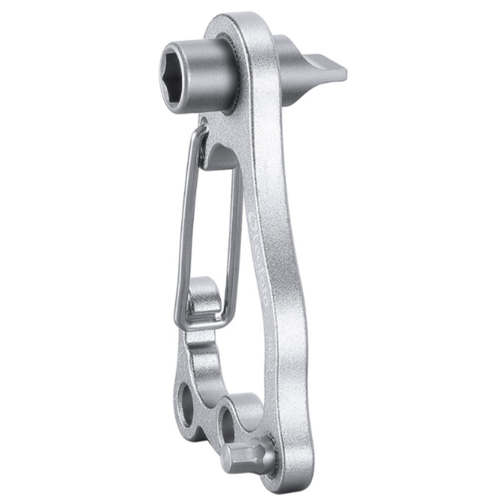 Leofoto MPL-2 multifunctioneel gereedschap zijaanzicht van het compacte metalen multiool met geïntegreerde karabijnhaak.