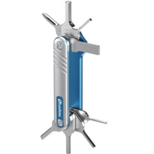 Leofoto MPL-3 Multitool opengeklapt met diverse inbussleutels en schroevendraaiers naast een statief.