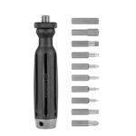 Leofoto multifunctioneel gereedschap LMT-10 met losse schroef- en inbusbits naast de zwarte handgreep op witte achtergrond.