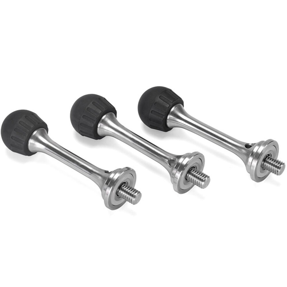 Leofoto lange spikes statiefvoet set van drie lange RVS spikes met zwarte rubberen doppen en 3/8-inch schroefdraad.