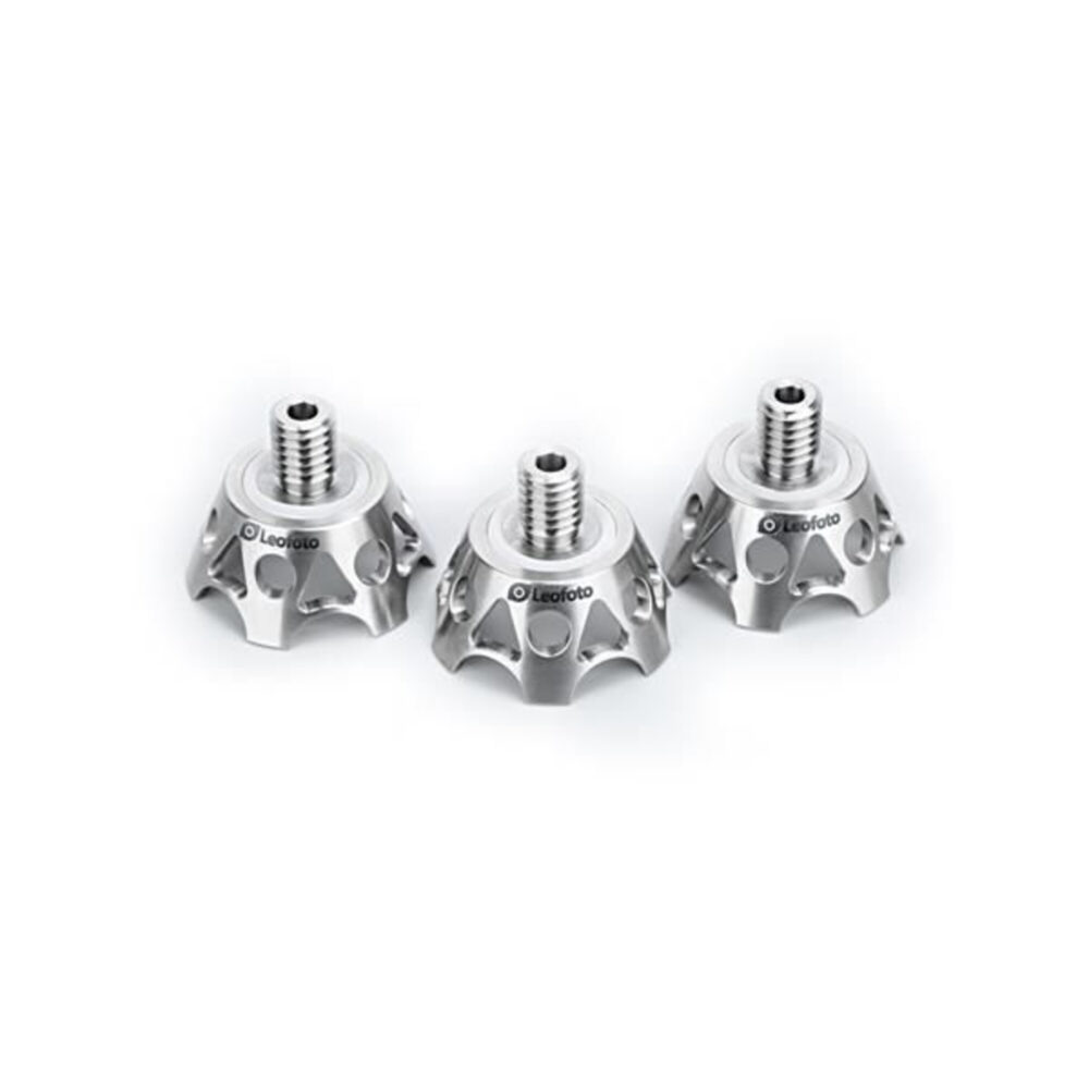 Leofoto TF-02 statiefvoet titanium klauwvoeten set van drie lichtgewicht voeten met 3/8-inch schroefdraad op witte achtergrond.
