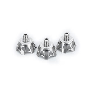 Leofoto TF-02 statiefvoet titanium klauwvoeten set van drie lichtgewicht voeten met 3/8-inch schroefdraad op witte achtergrond.
