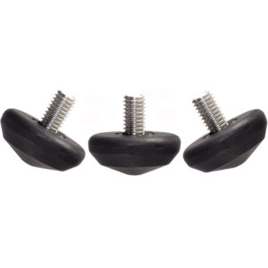 Leofoto LS-28 Statiefvoet set van drie zwarte rubberen 28mm statiefvoeten met 3/8-inch schroefdraad op witte achtergrond.
