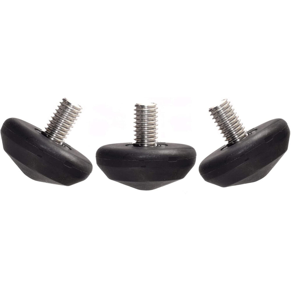 Leofoto LS-40 Statiefvoet set van drie zwarte rubberen statiefvoeten met roestvrijstalen 3/8-inch schroefdraad op witte achtergrond.