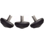 Leofoto LS-40 Statiefvoet set van drie zwarte rubberen statiefvoeten met roestvrijstalen 3/8-inch schroefdraad op witte achtergrond.