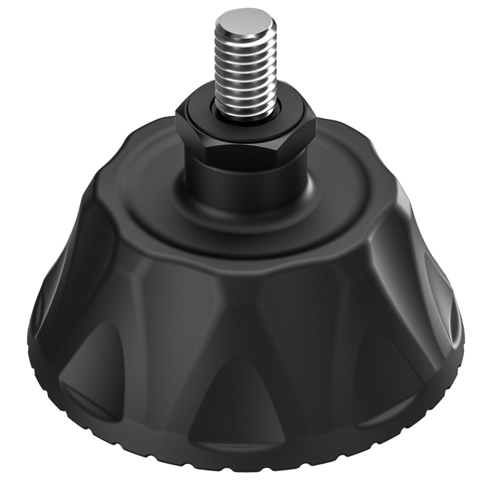 Leofoto SC-70 Statiefvoet vooraanzicht van de zwarte rubberen monopodvoet met centrale 3/8"-schroef op witte achtergrond.