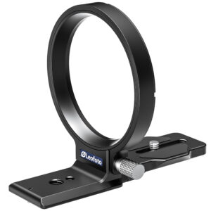 Leofoto UL-03 Objectiefvoet close-up van de zwarte objectiefkraag op Arca-Swiss compatibele statiefvoet met vergrendelknop.