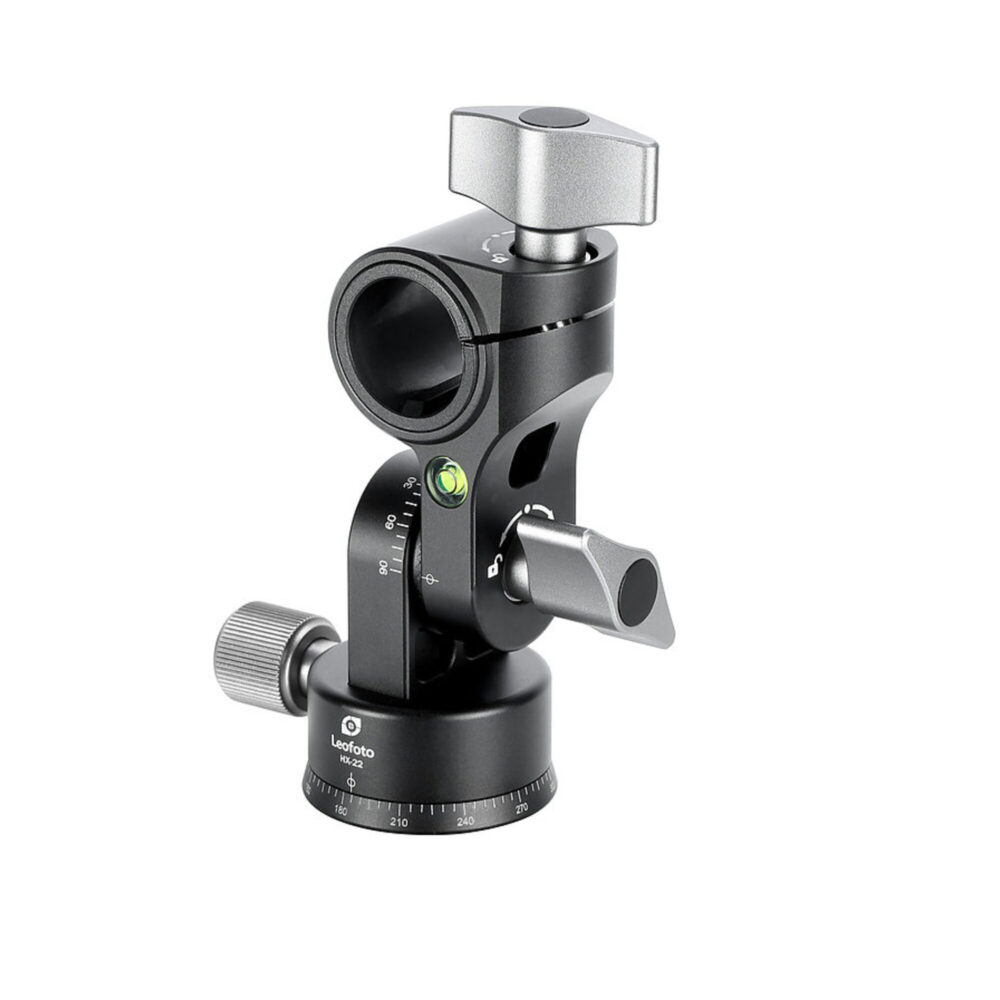 Leofoto HX-22 Uitbreidadapter zijaanzicht van de zwarte kanteladapter met waterpas, vergrendelknoppen en opening voor de middenkolom op witte achtergrond.