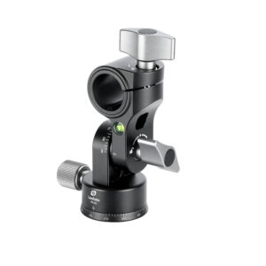 Leofoto HX-22 Uitbreidadapter zijaanzicht van de zwarte kanteladapter met waterpas, vergrendelknoppen en opening voor de middenkolom op witte achtergrond.