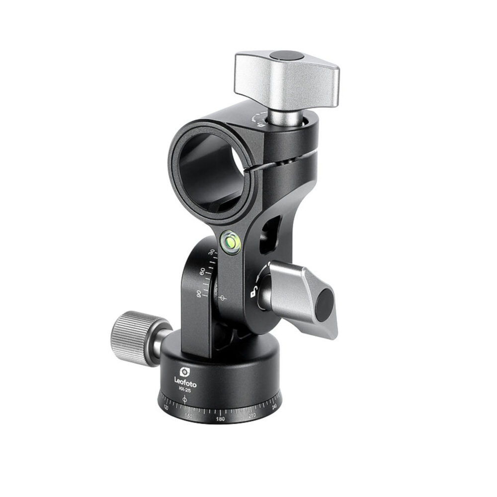 Leofoto HX-25 Uitbreidadapter zijaanzicht van de zwarte kanteladapter met waterpas, vergrendelknoppen en opening voor de middenkolom op witte achtergrond.
