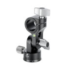 Leofoto HX-25 Uitbreidadapter zijaanzicht van de zwarte kanteladapter met waterpas, vergrendelknoppen en opening voor de middenkolom op witte achtergrond.