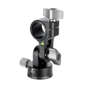 Leofoto HX-28 Uitbreidadapter zijaanzicht van de zwarte kanteladapter met waterpas, vergrendelknoppen en opening voor de middenkolom op witte achtergrond.