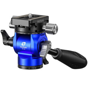 Leofoto BV-0R Videoneiger compacte blauwe videokop met Arca-Swiss snelkoppelplaat en bedieningshendel in zijaanzicht.