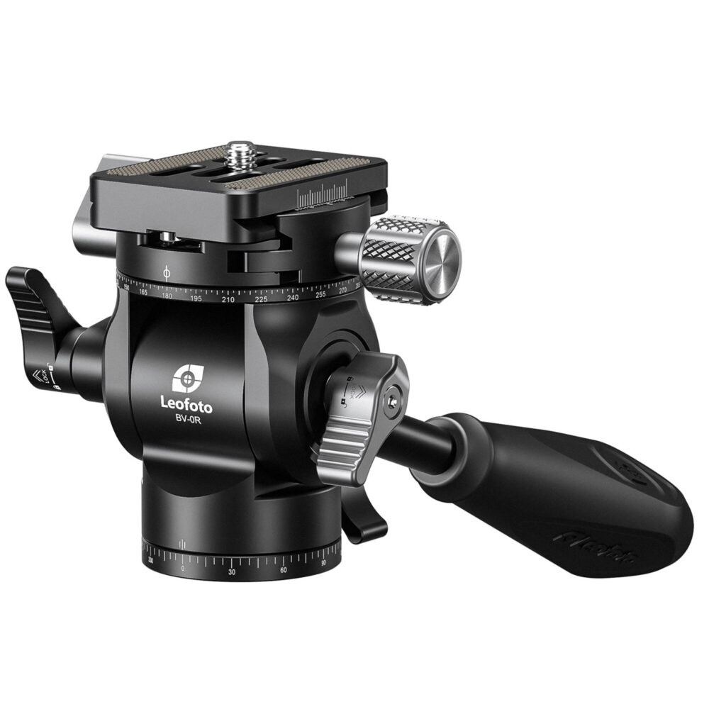 Leofoto BV-0R Videokop zijaanzicht met Arca-Swiss snelkoppeling en zwarte aluminium afwerking