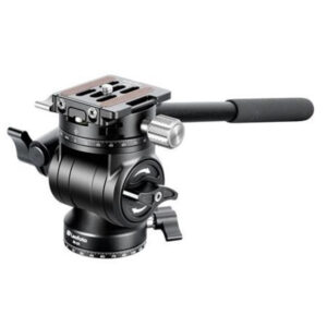 Leofoto BV-1R Videokop compacte fluidvideokop met korte bedieningsarm en Arca-Swiss snelkoppelplaat in zijaanzicht.