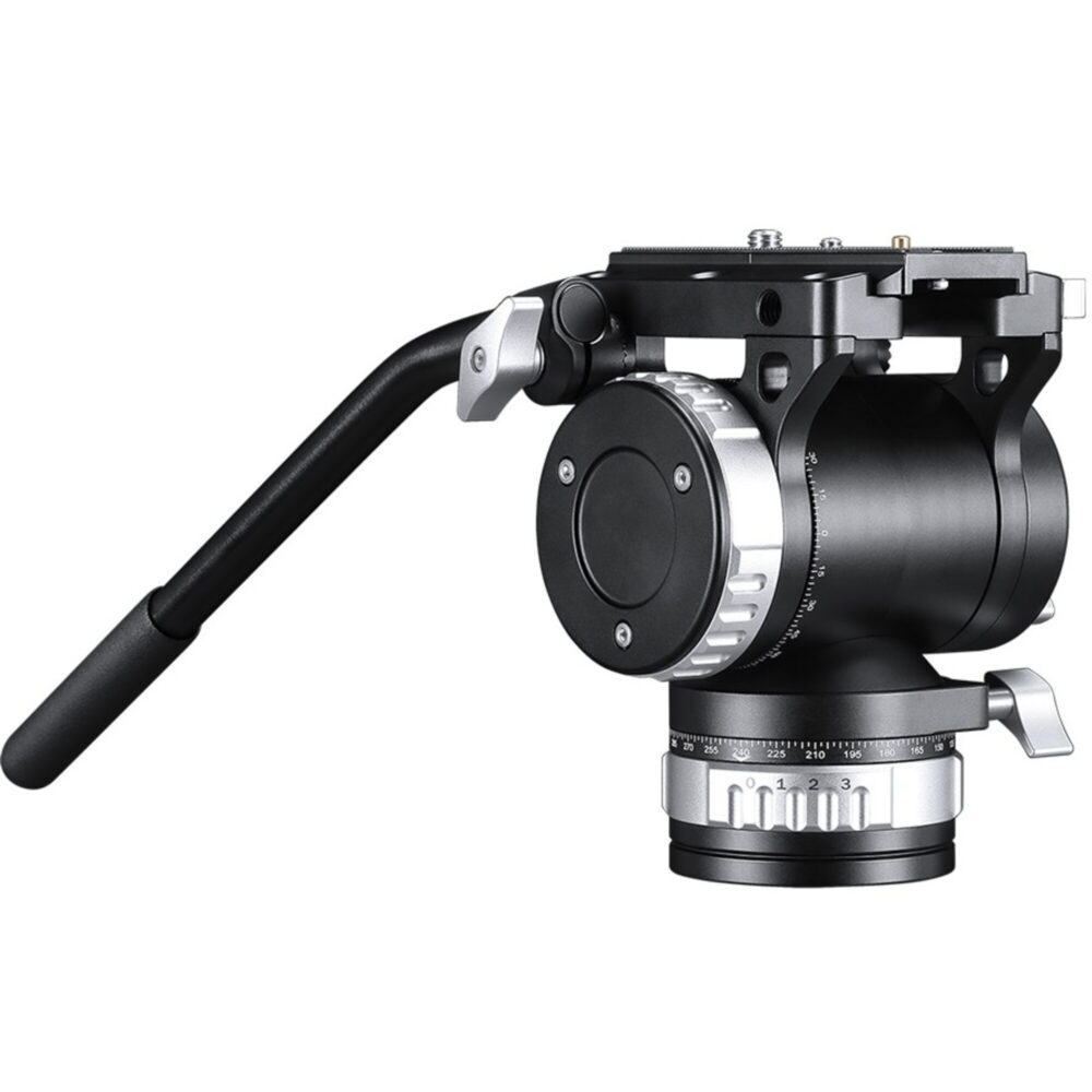 Leofoto BV-30M Videokop zijaanzicht op witte achtergrond met lange bedieningsarm en Manfrotto-stijl snelkoppelplaat.